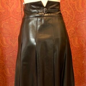 Vintage Prada Women's Black Leather Pleated Skirt w Logo Buckle